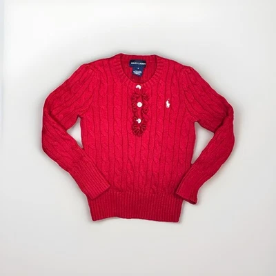 Suéter Ralph Lauren Niñas Rojo Tejido con Cable Algodón Volantes Pony Logo Talla 5 Foto 1 de 4