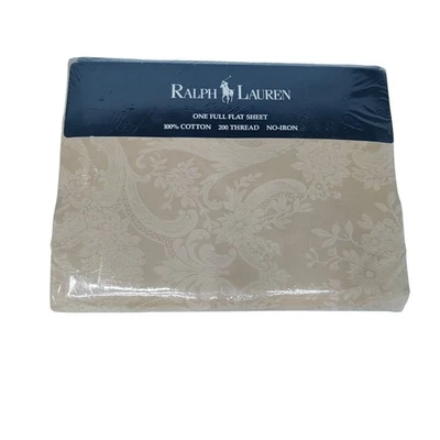 1995 VTG Ralph Lauren Full Flat Sheet Avery Cafe Beige Paisley Flowers Cotton - Image 1 of 4