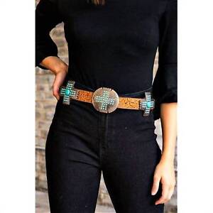 Lucky & Blessed turquoise cross concho tooled belt for women - size S