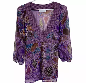 Portmans Womens Size 8 Purple Floral 3/4 Sleeve Semi-See Through Blouse - Picture 1 of 4
