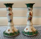 Vintage ELIOS ITALIAN Hand-Painted FLORAL CANDLESTICK, 6.75" Tall, GOLD Accents