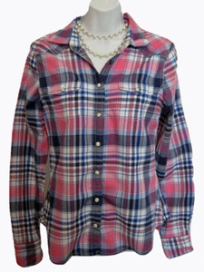 Plaid Flannel Shirt Small Blouse Pearl Snap American Eagle Outfitters Blue Pink - Picture 1 of 6