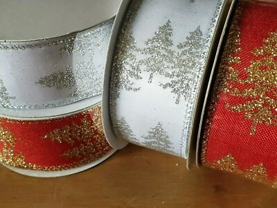 1m RED OR WHITE CHRISTMAS RIBBON GLITTERY XMAS TREE PATTERN WIRED LUREX 38MM UK - Image 1 of 4