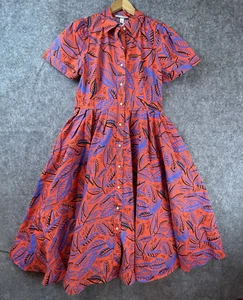 Alexis Dress Large Orange Blue Leaf Print Full Skirt Tropical Vacation Structure - Picture 1 of 7