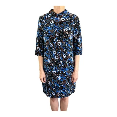 Marni size 38 ( 6 8 10) Blue Black Floral Print Silk Collared Dress Designer - Image 1 of 4