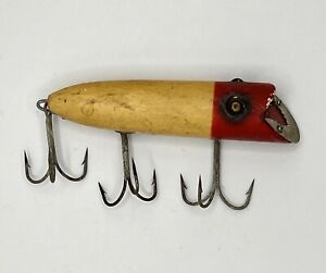 Vintage Heddon Red Head Glass Eye Basser Antique Fishing Lure Wooden Plug 3 Hook