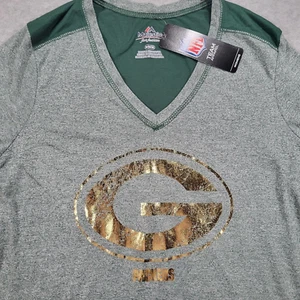 Green Bay Packers Women's Medium Majestic Green V-Neck Tshirt Distressed Logo - Picture 1 of 8