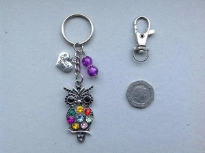 Personalised Handmade Rhinestone Owl NAN, NANA, GRAN, GRANDMA Bag Charm Keyring. - Picture 1 of 8