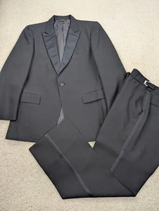 Tuxedo Mens 40R 34x29 Black Wool 2 Piece Suit Vintage After Six Peak Lapels USA - Picture 1 of 23