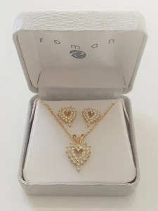 Vintage Roman Gold Tone Heart Shaped Stud Earrings and Necklace Set- In Box - Picture 1 of 7