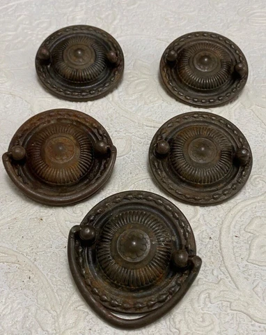 5 Hepplewhite Style Stamped ROUND Metal 2.25" BACKPLATES Ribbed & Bellflower Cover