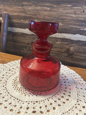 Vintage Ruby Red Hand Blown Glass Decanter With Stopper Cadmium Orange Glow - Image 1 of 4