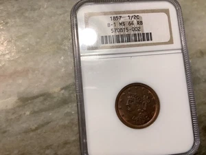Medio centavo cabello trenzado 1857 1/2 MS 64 RB - Imagen 1 de 2
