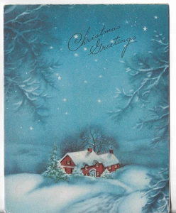 Vintage Weihnachts Grußkarte 4x5,25 blau Himmel Sterne rot Haus Glitzer Dach Schnee - Bild 1 von 3