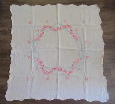 39" Square Card Tablecloth w Pink Floral Embroidery m - Image 1 of 4