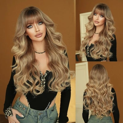 Peluca larga rizada rubia ombre con flequillo pelucas de cabello sintético ondulado para mujer 27,5" Foto 1 de 4