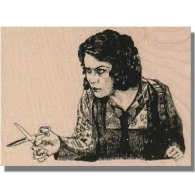 Sello montado en madera, TIJERAS DAMA, costura, mujer, artesanía, gente, mano, enojado, retro Foto 1 de 4