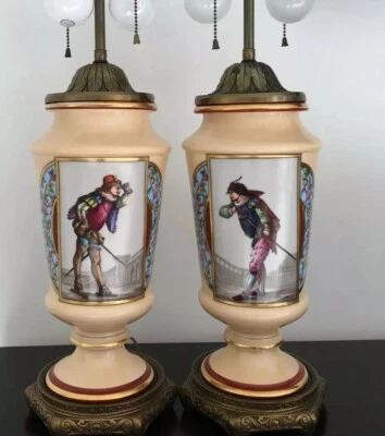Pair Of Vintage Porcelain  Lamps w/ French Or Italian Cavaliers Beautiful H 31” - Image 1 of 4