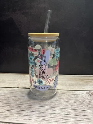 16 OZ. Vaso de café helado con tapa de bambú. Amor propio. Copa Boba. Vaso batido Foto 1 de 4