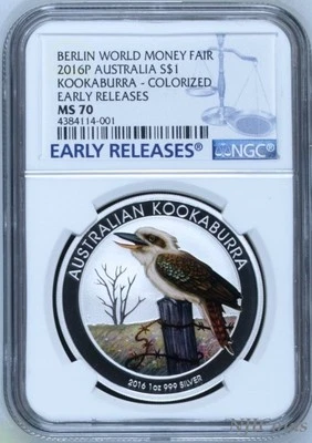 2016 P Berlin Show Australia COLORED Kookaburra Silver NGC MS 70 1 oz $1 Coin ER - Image 1 of 4