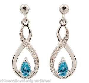 Sterling Silver Diamond + Blue Topaz Infinity Set Ear Studs Earrings + gift bag - Picture 1 of 2