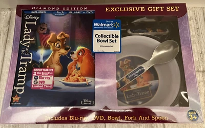 LADY AND & THE TRAMP Diamond Ed Blu-ray DVD Exclusive Set Bowl Fork Spoon NEW! - Image 1 of 3