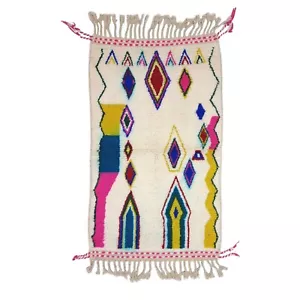 Moroccan Handmade Beniourain Rug 3'x5'1 Berber Geometric White & Pink Wool Rug - Picture 1 of 11