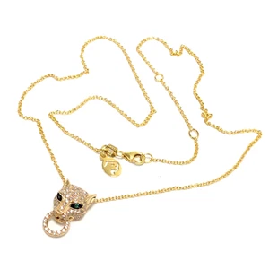 EFFY Signature 14K Yellow Gold Diamond & Emerald Panther Pendant Necklace 0.47CT - Picture 1 of 8