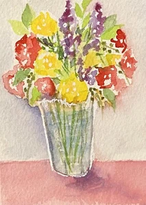 Hand Painted ART ACEO Watercolor Flowers in a Vase On Arches Paper OOAK - Picture 1 of 1