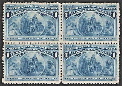 US Sc# 230 *MINT OG H* { -VF- BLOCK OF 4 } 1c COLUMBUS IN SIGHT OF LAND OF 1893 - Image 1 of 4