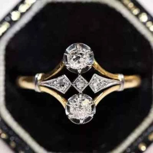 Art Deco Round Cut Lab Created Diamond Engagement 14K Yellow Gold Plated Ring - Picture 1 of 6