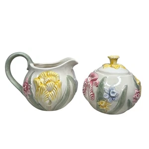 Vintage Fitz & Floyd FF Floral Embossed Creamer & Sugar Set w/ Lid Floral - Picture 1 of 7