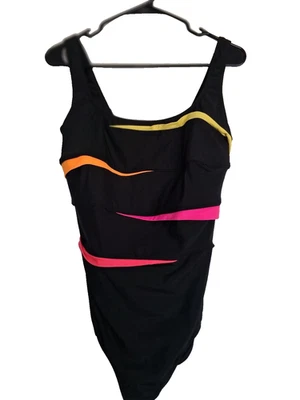 Plus 20W one piece swim suit in black w/ neon stripe accents. Longitude Women. - Image 1 of 4
