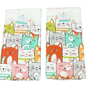 2 der gleichen bedruckten Baumwolle Küchentücher 16” x 26” KATZEN Dual Weave Ritz Neu - Bild 1 von 10