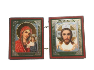 Russisches Diptychon Ikone Jungfrau von Kasan und Ikone nicht von Hand gemacht 3" x 2,5" - Bild 1 von 8