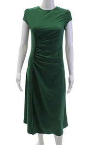 o.pt. Womens Ruched Round Neck Short Sleeve Zip Up Maxi Dress Green Size XS - Picture 1 of 7