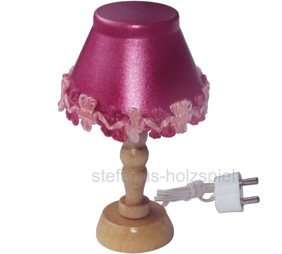 Tischlampe rosa für Puppenhaus, Puppenstube Lampe 3,5V mit Holzfuß Beli-Beco 994