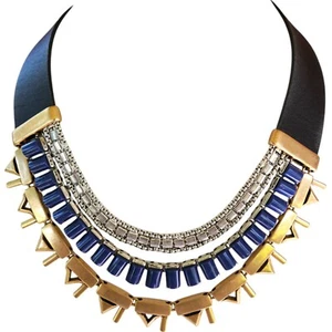 Collar Stella & Dot “Natalie” Declaración Reversible Cuero Negro Cobalto - Imagen 1 de 8