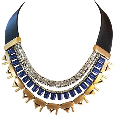 Collar Stella & Dot “Natalie” Declaración Reversible Cuero Negro Cobalto Foto 1 de 4