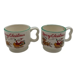 Pair of Vintage Merry Christmas Mugs Japan Stackable Santa Sleigh Reindeer Cups - Picture 1 of 6