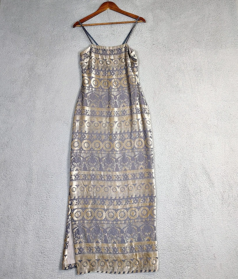 Kay Unger Maxi Dress Womens 4 Blue Taupe Gray Textured Beaded Bodycon Vintage - Image 1 of 4