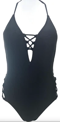 NUEVO TRAJE DE BAÑO EXPRESS SWIM NEGRO CON CORDONES HALTER DE UNA PIEZA TALLA XS Foto 1 de 4