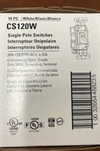 Cooper CS120W SINGLE POLE TOGGLE SWITCH 20A 120/277V WHITE (Box Of 10) - Picture 1 of 3