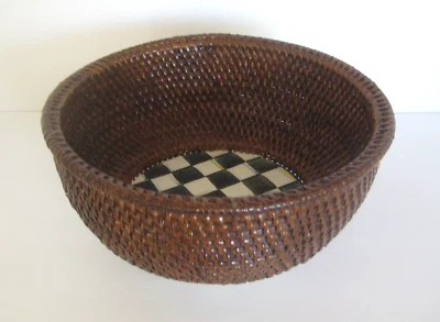 Mackenzie Childs Courtly Check Rattan & Enamel Bowl 11.75" D x 6" T RARE - Image 1 of 4