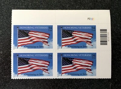 2002USA #3508 34c Honoring Veterans Flag - Plate Block of 4 Mint NH - Image 1 of 3