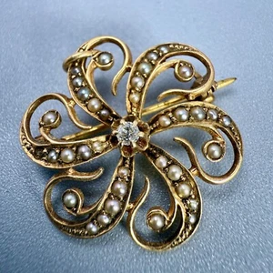 Victorian Brooch 14k Yellow Gold .04 ct Diamond & Seed Pearls 1 inch 2.8 grams - Picture 1 of 8