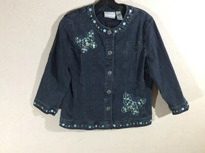 Women's Alfred Dunner Blue Denim Jacket size 6p Sequins Butterflies Button Down - Picture 1 of 4