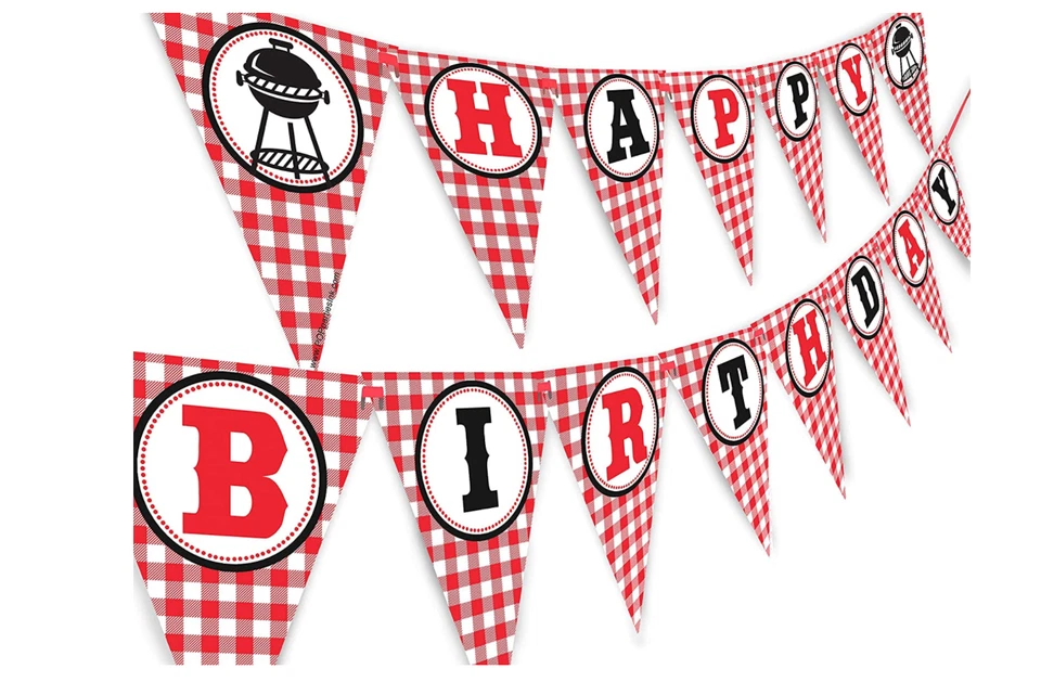 Picnic Happy Birthday Banner - BBQ Birthday Party Pennant - Red Gingham Banner Foto 1 de 1