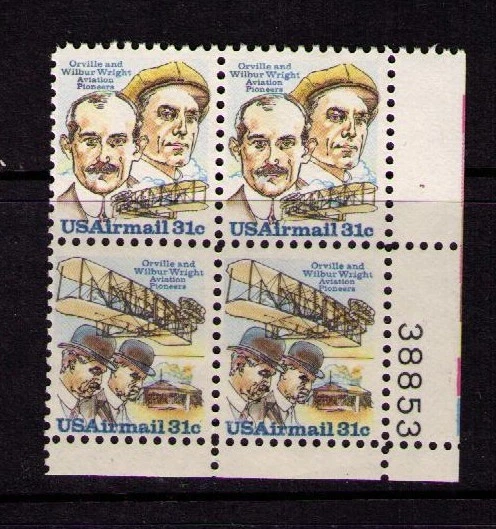 US USA Sc# C92a MNH FVF PLATE# BLOCK Flyer A Airplane Wright Brothers   - Image 1 of 1