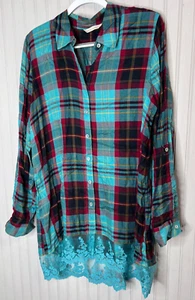 Soft Surroundings Womens TOP L Turquoise Blue Red Plaid Button Lace Hem Shirt - Picture 1 of 13